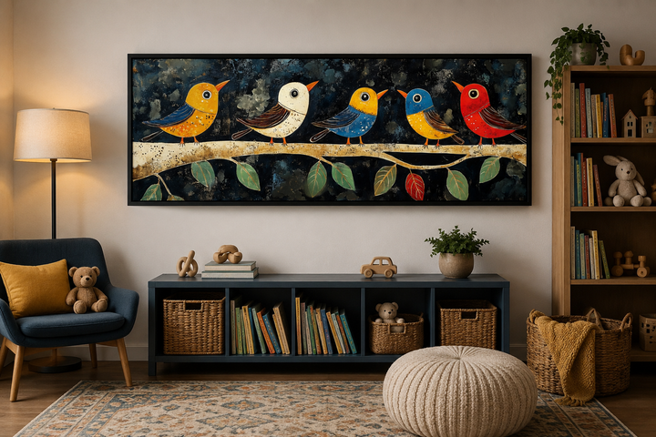 Modern folk style canvas art featuring five colorful birds on a branch against a dark background.