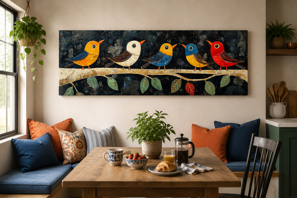 Modern folk style canvas wall art featuring five colorful birds on a branch against a dark backdrop.