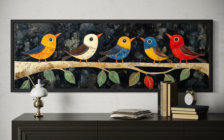 Modern folk style canvas art featuring five colorful birds on a branch against a dark background.