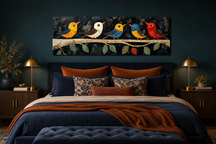 Modern folk style canvas art of five colorful birds on a branch above a dark blue bed.
