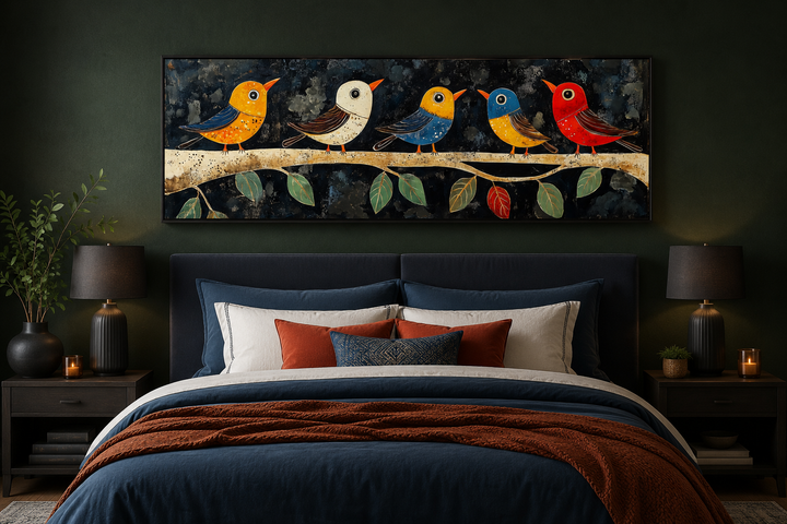 Modern folk style canvas wall art of colorful birds on a branch above a dark blue bed.