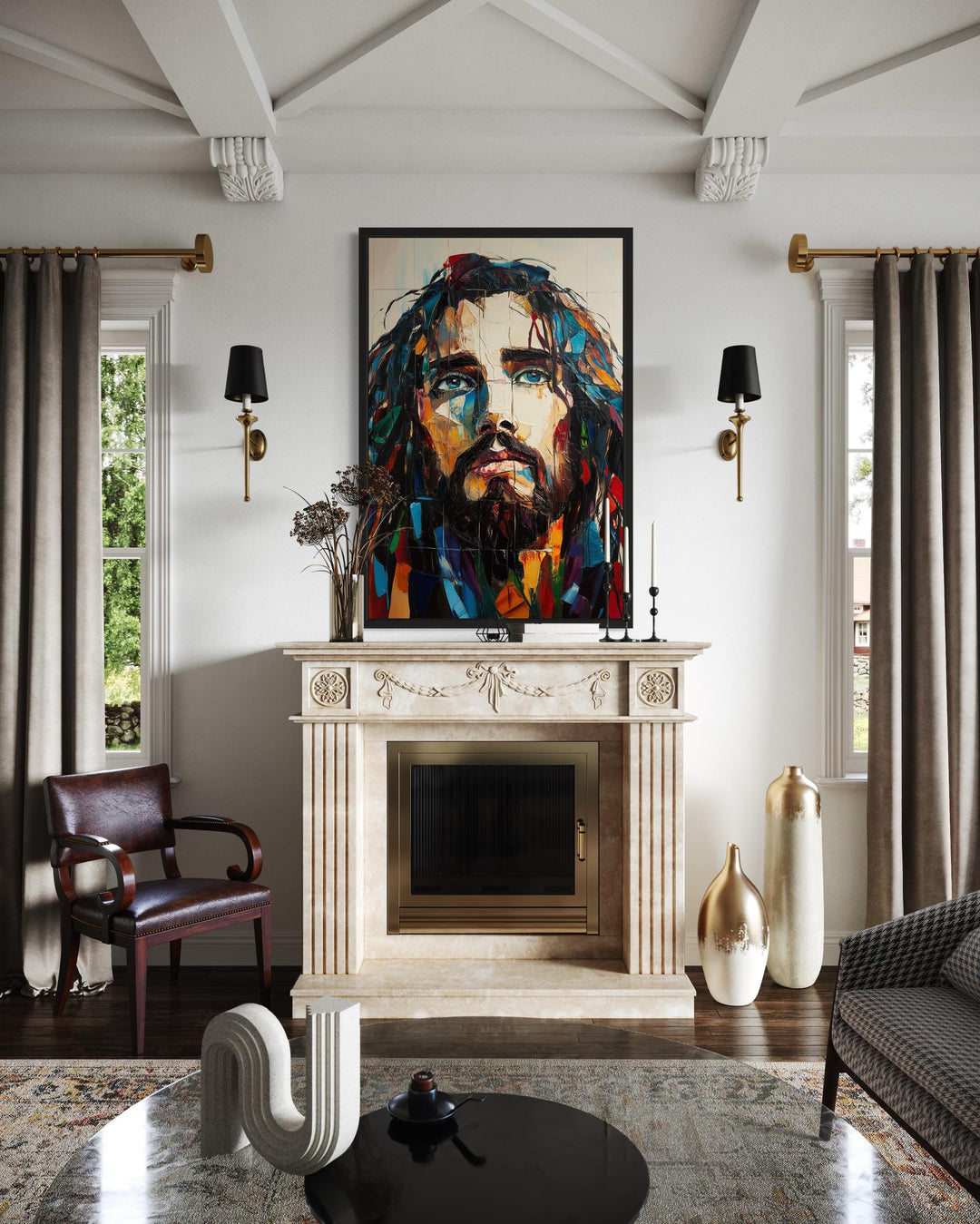 Modern Jesus Canvas Art – Abstract Colorful Christian Wall Decor with Floating Frame