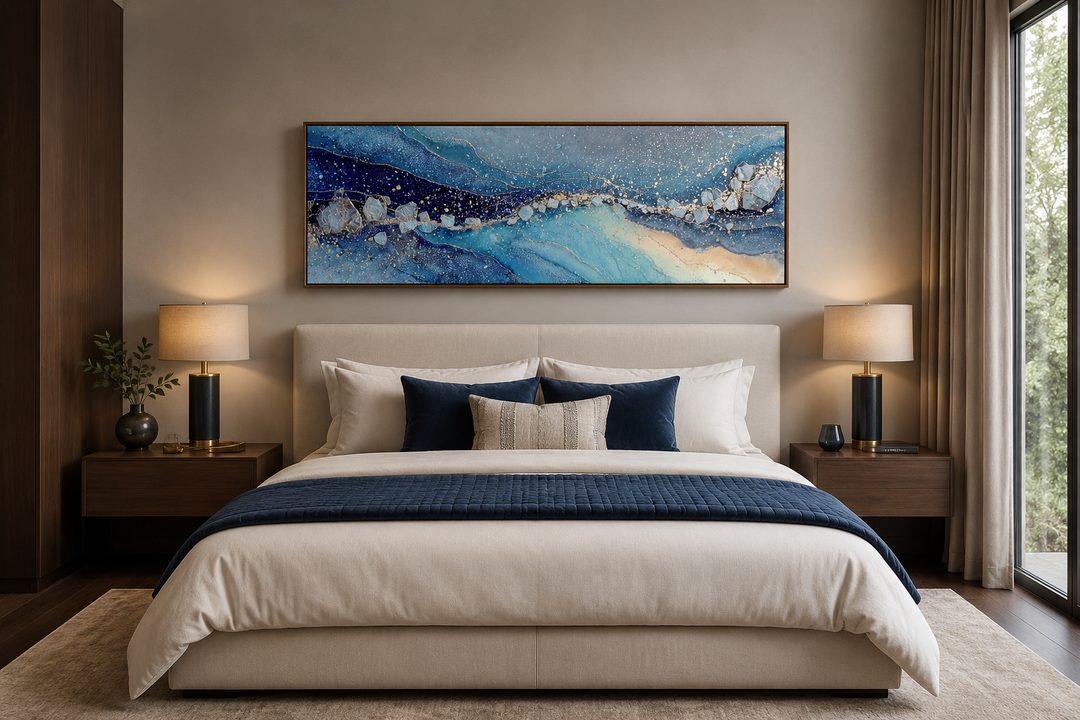 Long horizontal blue and navy abstract canvas art hanging above a bed in a modern bedroom.