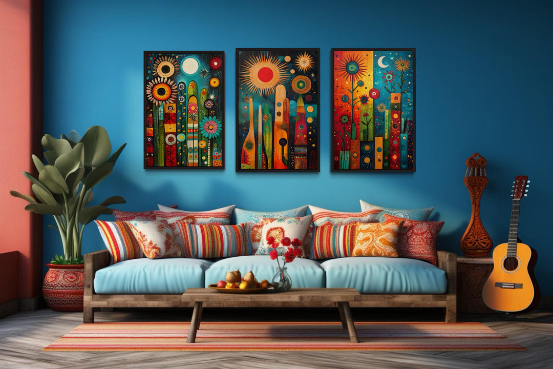 Modern Mexican Wall Art – Colorful Abstract Cactus Painting Set With Sun And Moon