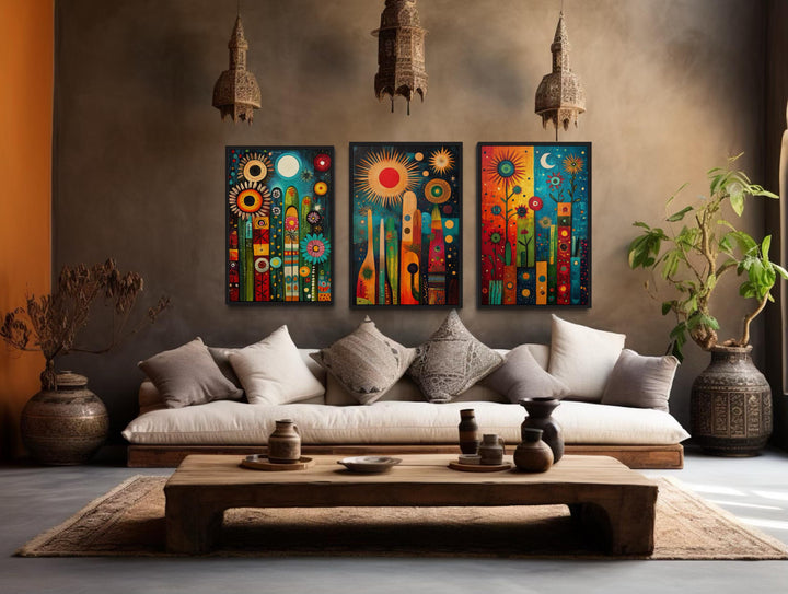 Modern Mexican Wall Art – Colorful Abstract Cactus Painting Set With Sun And Moon