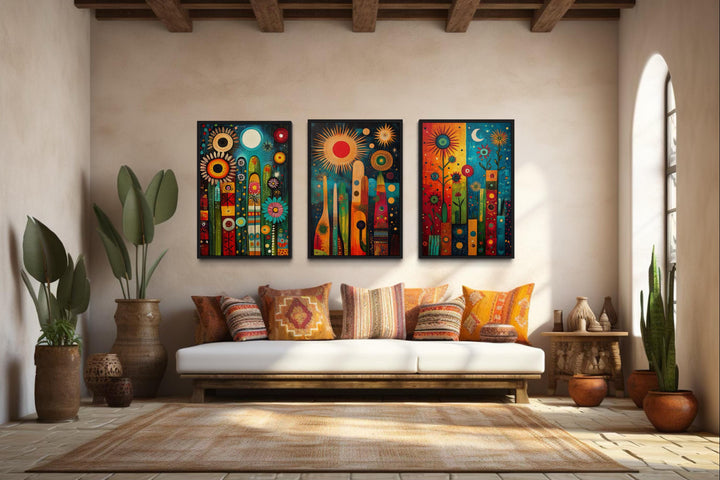 Modern Mexican Wall Art – Colorful Abstract Cactus Painting Set With Sun And Moon