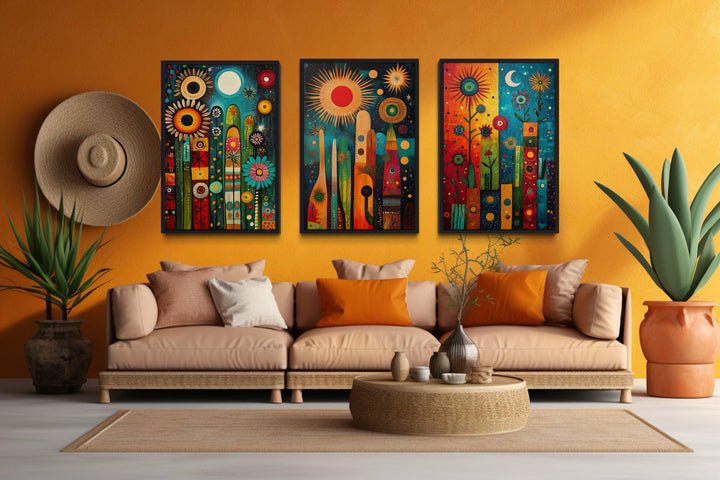 Modern Mexican Wall Art – Colorful Abstract Cactus Painting Set With Sun And Moon