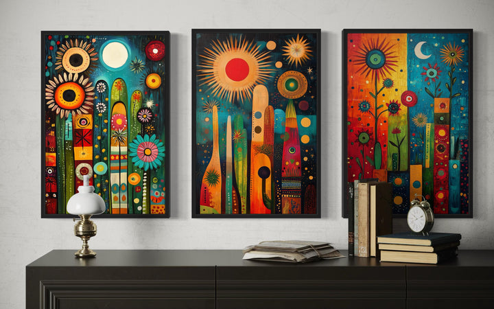 Modern Mexican Wall Art – Colorful Abstract Cactus Painting Set With Sun And Moon