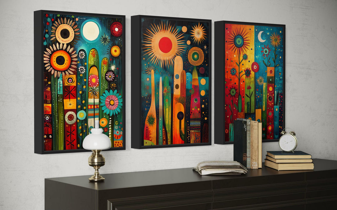 Modern Mexican Wall Art – Colorful Abstract Cactus Painting Set With Sun And Moon