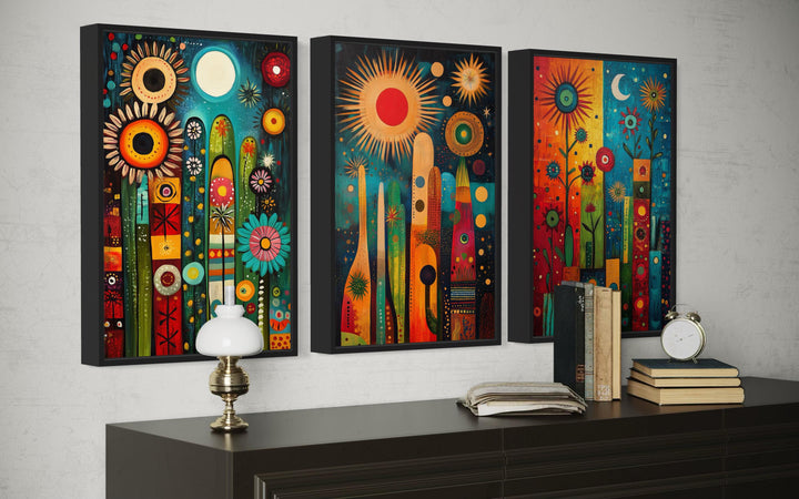 Modern Mexican Wall Art – Colorful Abstract Cactus Painting Set With Sun And Moon
