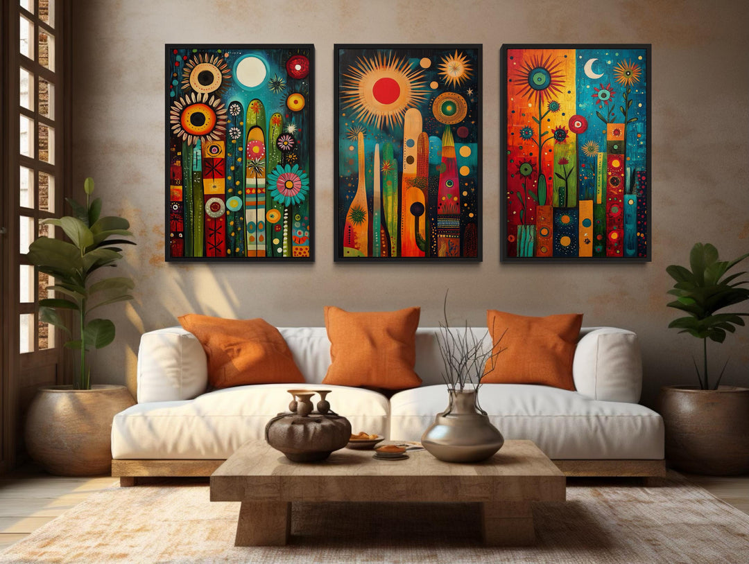 Modern Mexican Wall Art – Colorful Abstract Cactus Painting Set With Sun And Moon
