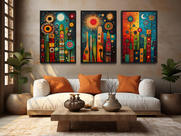 Modern Mexican Wall Art – Colorful Abstract Cactus Painting Set With Sun And Moon