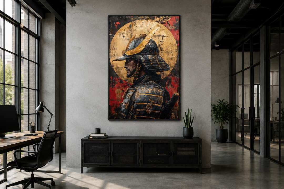 Framed canvas wall art of a samurai portrait in armor against a gold full moon in a modern office.