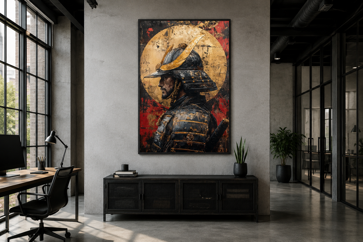 Framed canvas wall art of a samurai portrait in armor against a gold full moon in a modern office.