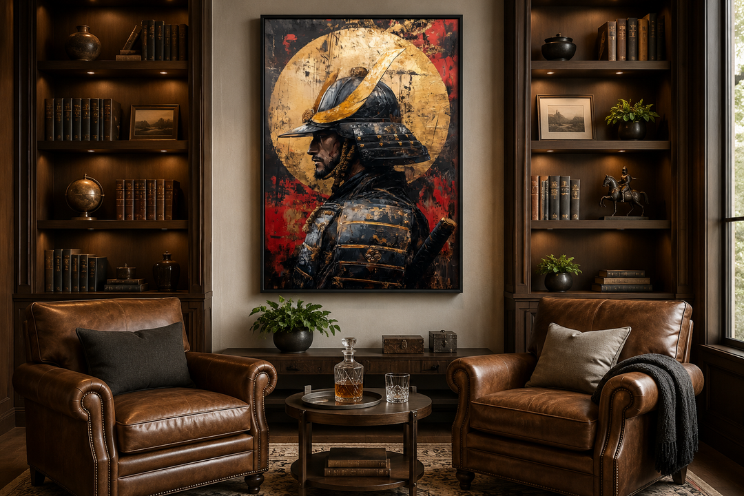 Modern samurai portrait with full moon framed canvas wall art hanging in a study with leather chairs.