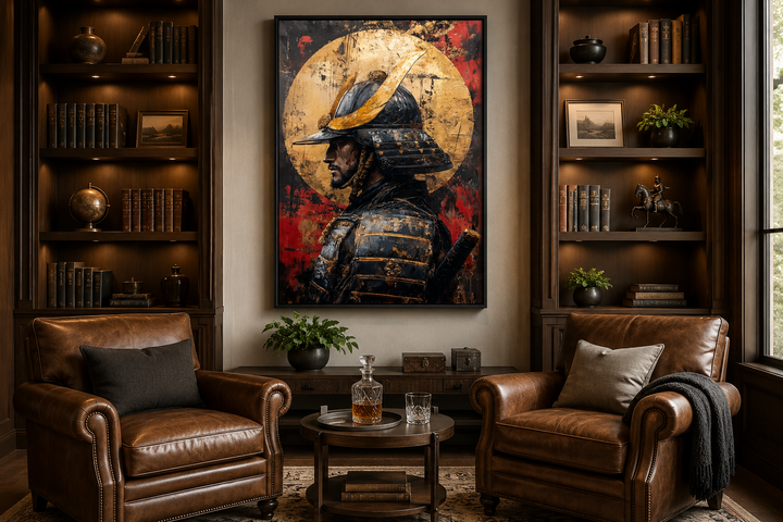 Modern samurai portrait with full moon framed canvas wall art hanging in a study with leather chairs.