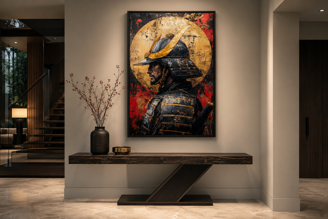 Modern samurai portrait with full moon framed canvas wall art displayed above a console table.