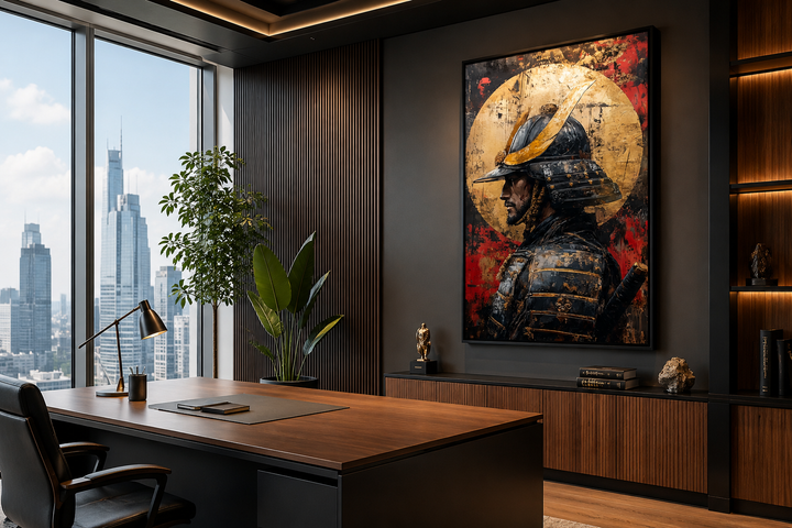 Modern samurai portrait with full moon framed canvas wall art hanging in a dark, wood-paneled office.