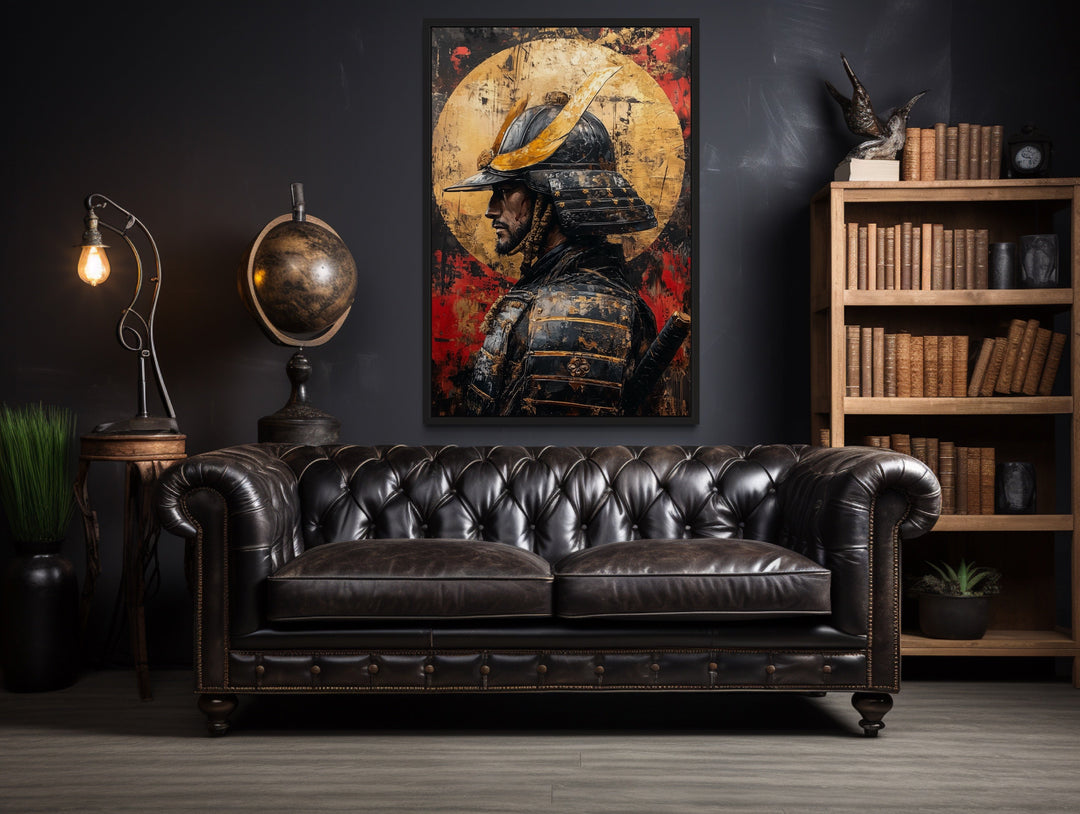 Modern samurai portrait with full moon framed canvas wall art hanging above a dark leather sofa.