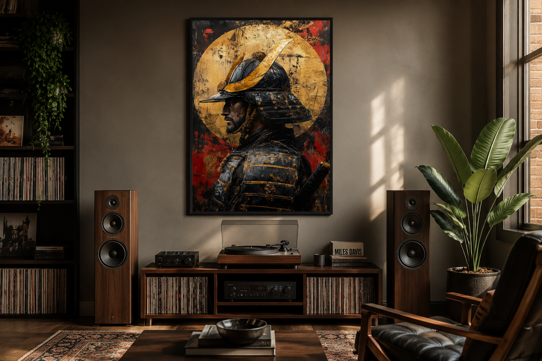 Modern samurai portrait with full moon framed canvas wall art hanging in a stylish living room.