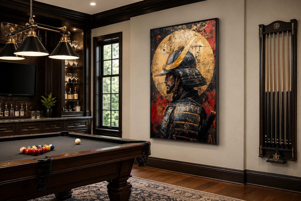Modern samurai portrait with full moon framed canvas wall art hanging in a dark wood billiard room.