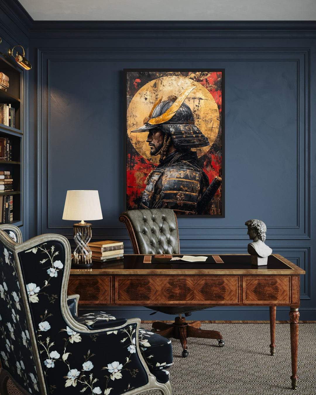 Modern Samurai Portrait With Full Moon Framed Canvas Wall Art