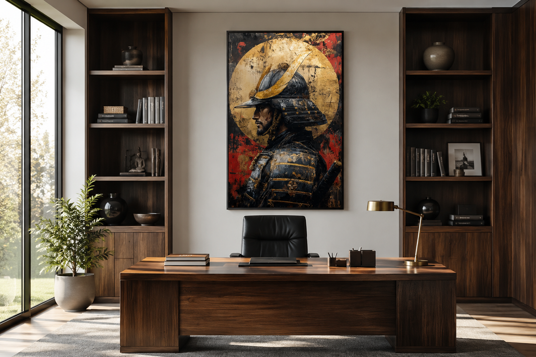 Modern samurai portrait with full moon framed canvas wall art hanging in a dark wood office.