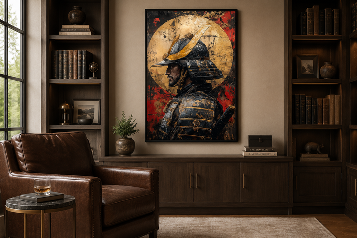 Framed samurai portrait with a full moon on a wall in a study with leather chair and bookshelves.