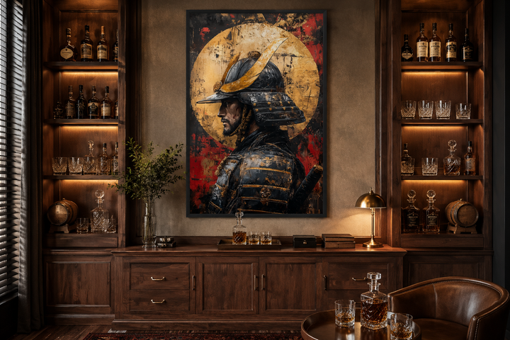 Modern samurai portrait with full moon framed canvas wall art displayed in a dark wood home bar.