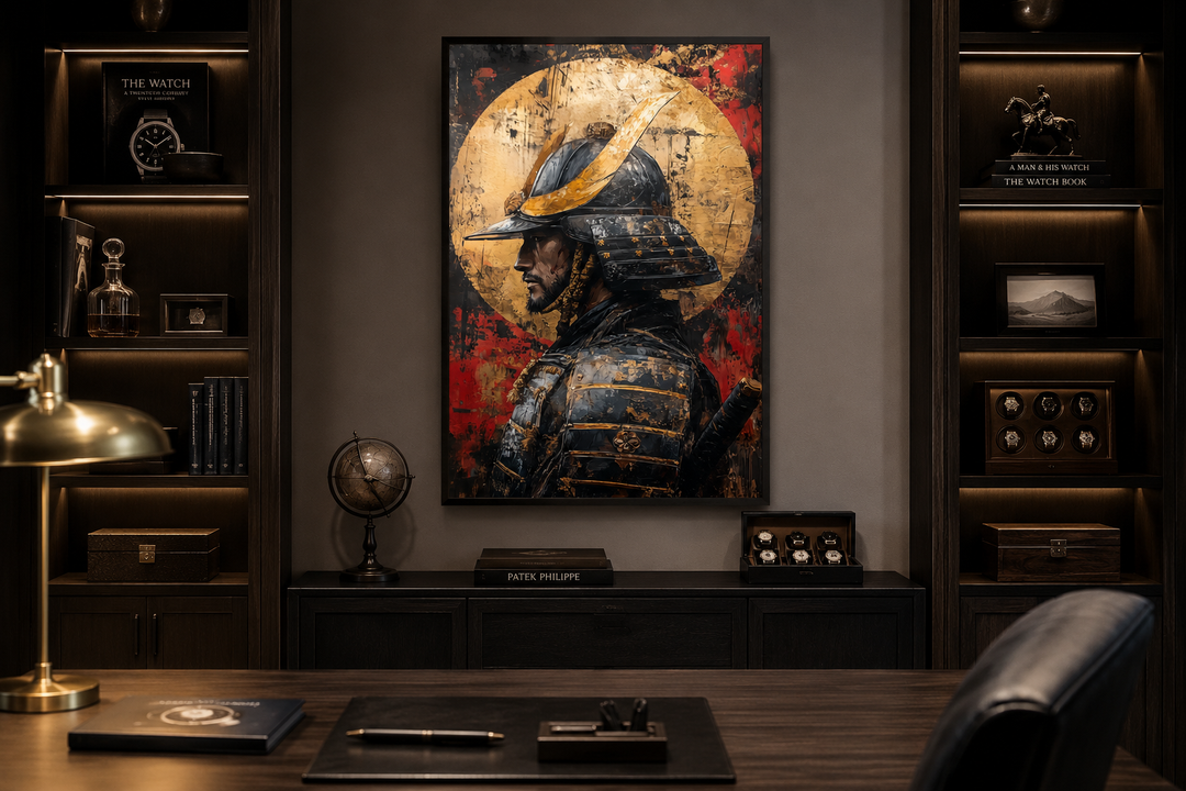 Modern samurai portrait with full moon framed canvas wall art hanging in a dark, wood-paneled office.