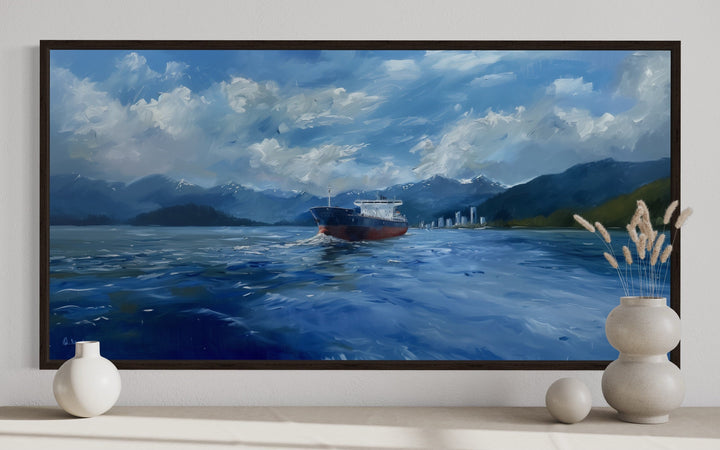 Nautical wall decor - Modern Ship Painting Sea Mountains Seascape Framed Canvas Wall Art