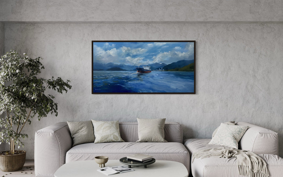 Nautical wall decor - Modern Ship Painting Sea Mountains Seascape Framed Canvas Wall Art