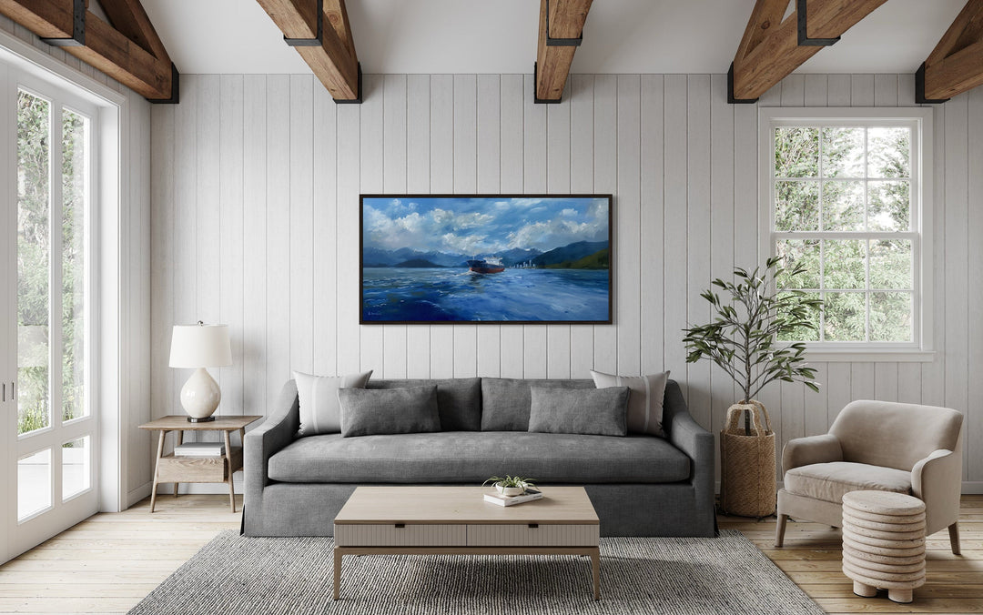 Nautical wall decor - Modern Ship Painting Sea Mountains Seascape Framed Canvas Wall Art