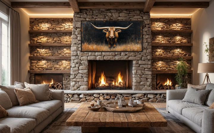 Framed Texas longhorn steer canvas wall art hanging above a stone fireplace in a rustic living room.