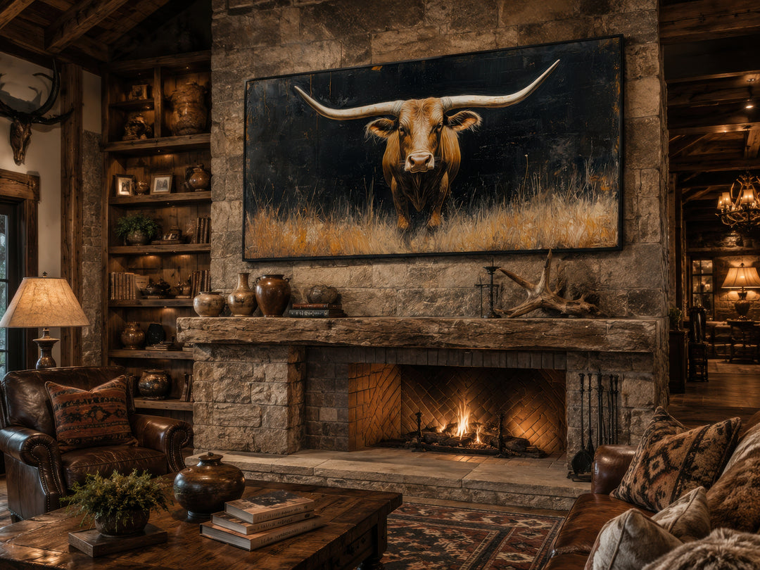 Modern Texas longhorn steer framed canvas wall art hanging above a stone fireplace in a rustic room.