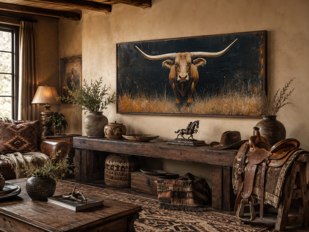 Modern Texas Longhorn steer in the grass framed farmhouse canvas wall art in a rustic living room.