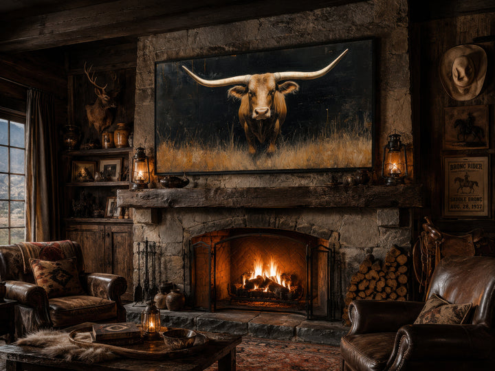 Modern Texas longhorn steer framed canvas wall art above a rustic stone fireplace.