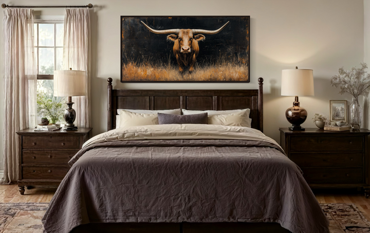 Modern Texas Longhorn Steer In The Grass Framed Farmhouse Canvas Wall Art