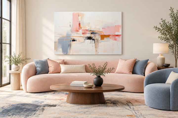 Modern abstract canvas wall art with blush pink, cream, and blue tones above a pink sofa.