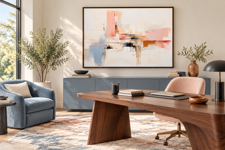 Modern abstract canvas wall art with blush pink, cream, and blue tones in a dark wood frame.