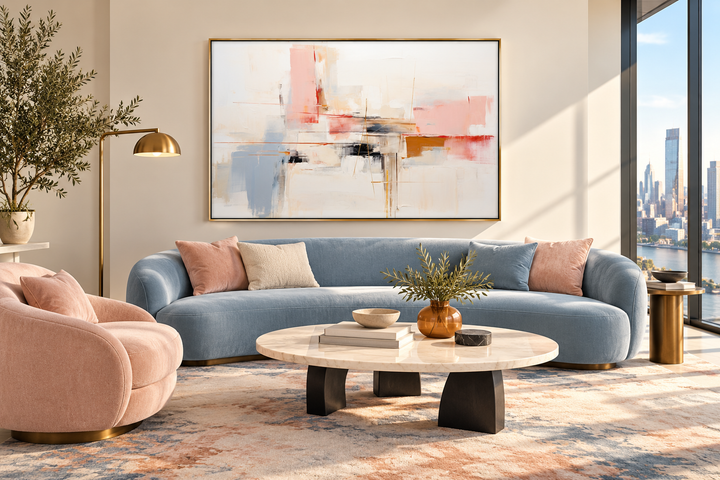 Modern abstract canvas wall art with blush pink, cream, and blue tones in a gold frame.