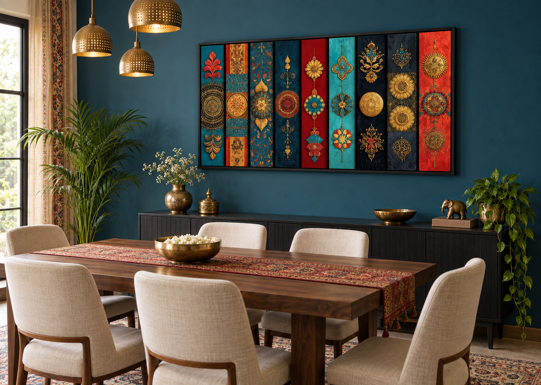 Modern red, teal, and gold Indian wall art with tribal motifs in a dining room setting.