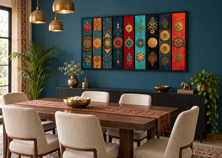 Modern red, teal, and gold Indian wall art with tribal motifs in a dining room setting.