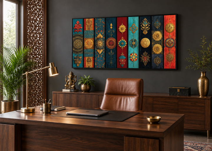 Modern Indian wall art with red, teal, and gold vertical textile patterns in a dark office setting.