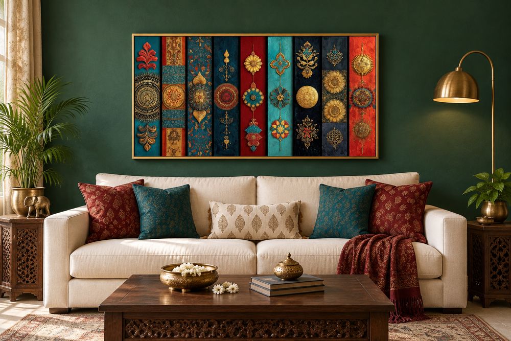 Modern red, teal, and gold Indian wall art with vertical textile patterns above a cream sofa.
