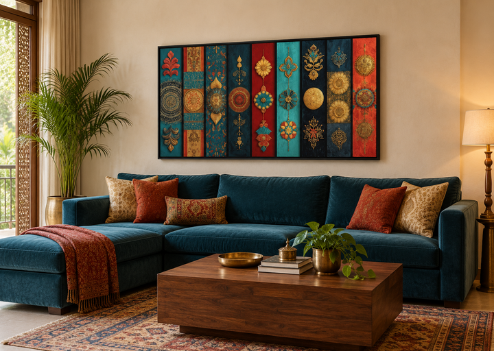 Modern red, teal, and gold Indian wall art with tribal motifs above a blue velvet sectional sofa.