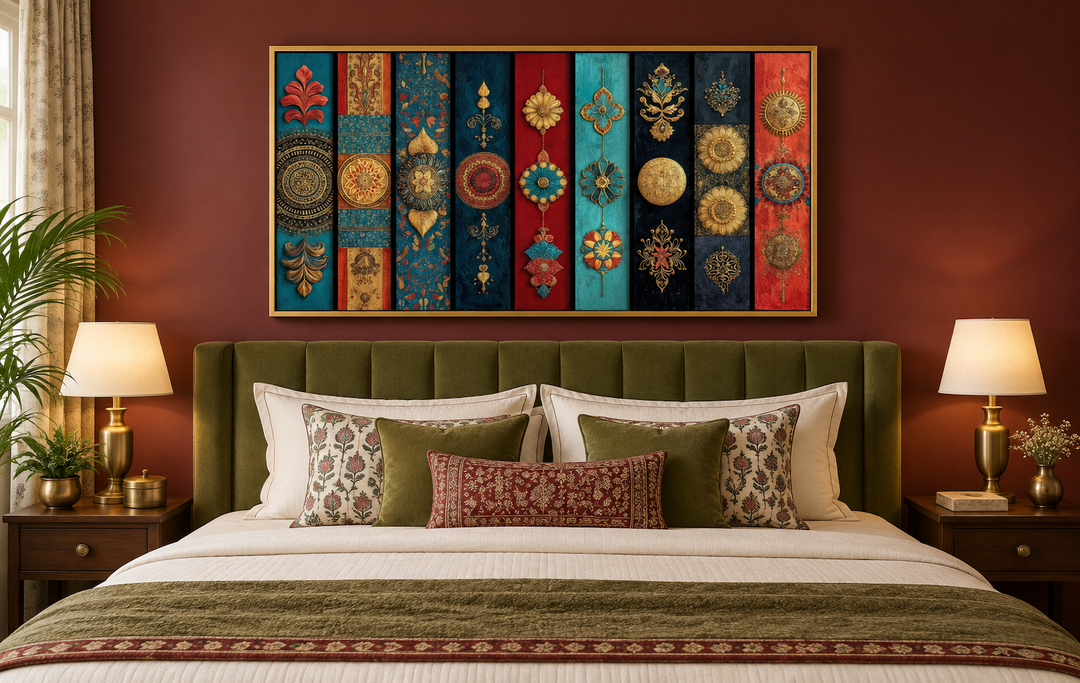 Modern Indian wall art with red, teal, and gold vertical patterns above a green velvet headboard.