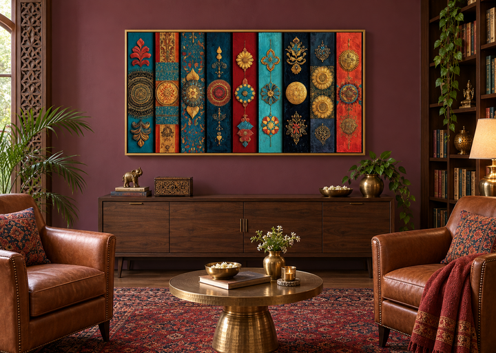 Modern red, teal, and gold Indian canvas wall art with tribal motifs above a wooden sideboard.