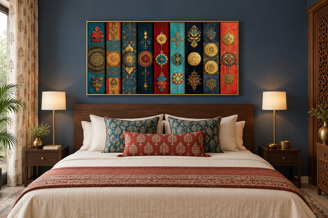 Modern red, teal, and gold Indian wall art with tribal motifs above a bed in a blue bedroom.