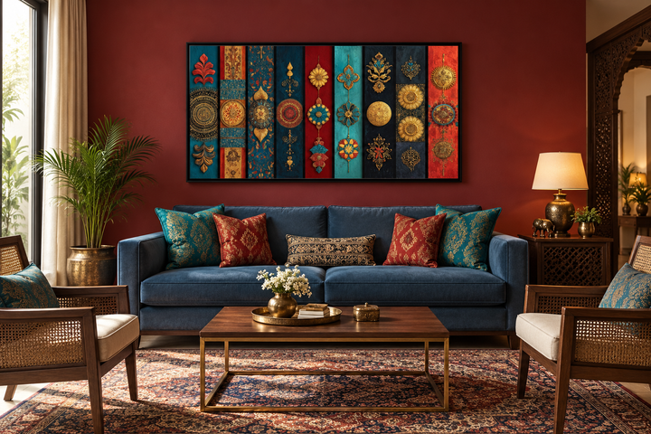 Modern red, teal, and gold Indian wall art with tribal motifs above a blue sofa in a living room.